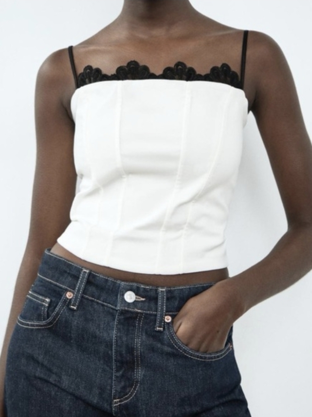 NWT Zara White Cami with Black Lace Trim • Size Medium